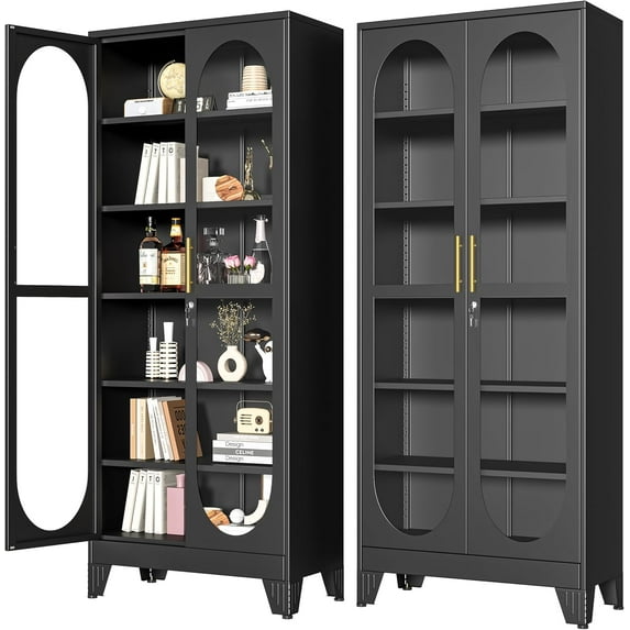 75" H Locking Display Cabinet with Glass Door, Metal Curio Cabinets with 5 Adjustable Shelves, Cabinet Display Case for Living Room, Liquor, Clinic, Home - Assembly Required Black