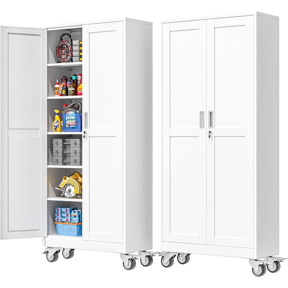 75''H Metal Garage Storage Cabinet with Wheels,Steel File Cabinets with 2 Doors and 5 Adjustable Shelves for Home Office, Warehouse, Required Assembly,White