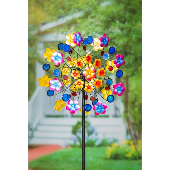 Evergreen 75"H Wind spinner, Blue and Gold Pansy- Fade and Weather Resistant Outdoor Decor