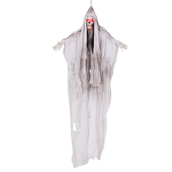 75" Halloween Grim Reaper with White Robe,Voice Activated Hanging Ghosts Props,Scary Giant Skeleton with Creepy Sounds & Light Up Eyes for Haunted House,Porch Lawn,Animatronics Hanging Decor
