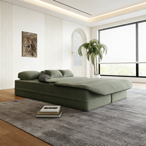 75-Inch 2-in-1 Foldable Corduroy Sofa Bed, Convertible Sleeper Foam Couch with Multifunctional Blanket, Floor Folding Lounge Sofa for Living Room Bedroom Studio Apartment, No Assembly Required