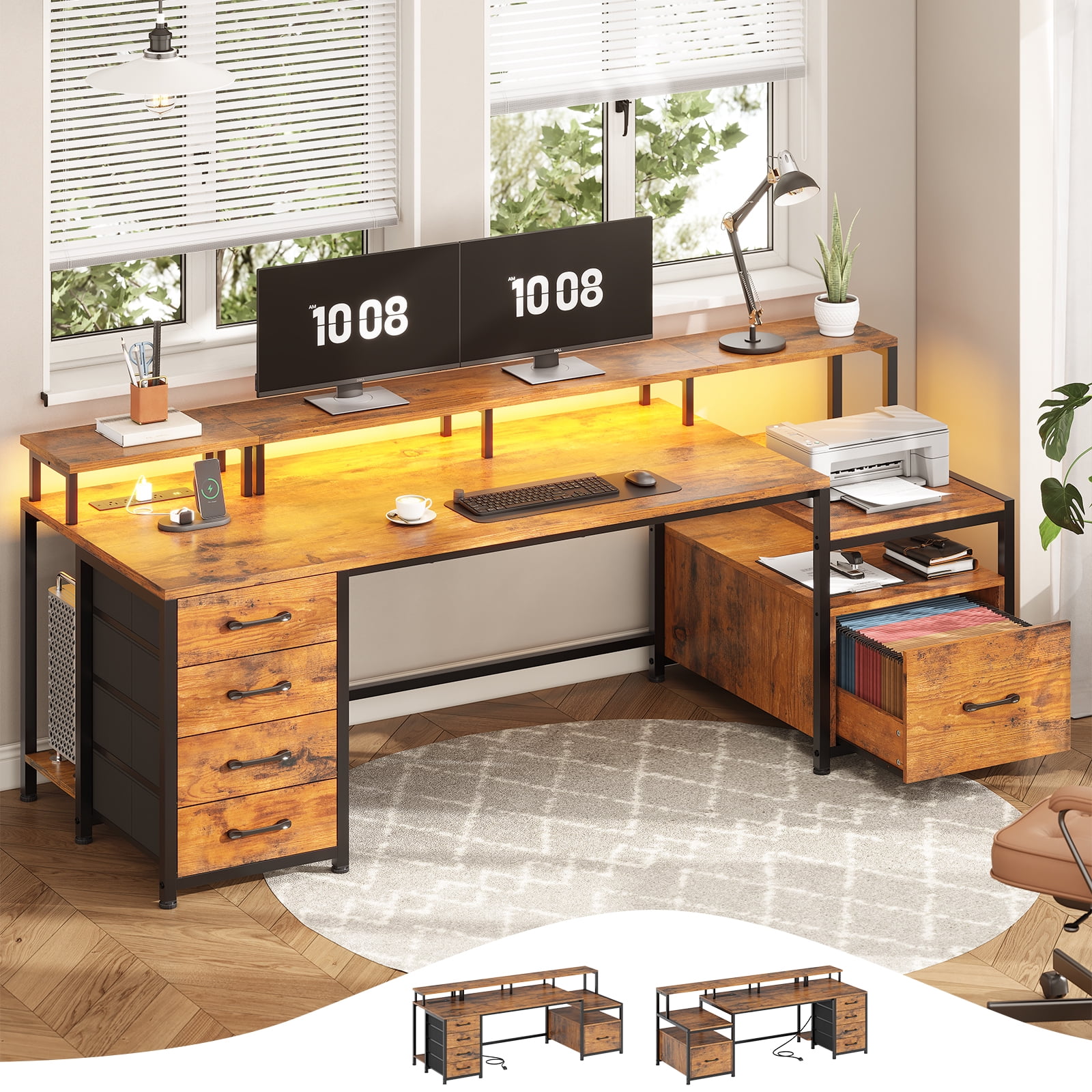 Rustic Brown 75 Inch Adjustable Height Corner Desk with Drawers and Power Outlet