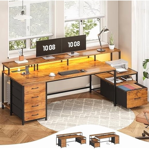 SEDETA 75 Inch Computer Desk with 5-Drawer Power Outlet & Led Lights, Home Office Desk with File Drawer, Storage Shelves, Printer Cabinet and Monitor Stand, Large Desktop Gaming Desk, Rustic Brown