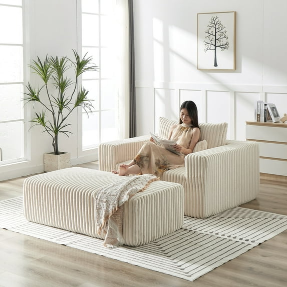 75-Inch Corduroy Sponge Chaise Lounge, Sofa Bed with Removable Footrest, Fluffy Modern Sleeper Chair for Indoor Living Room Bedroom, No Assembly, Beige