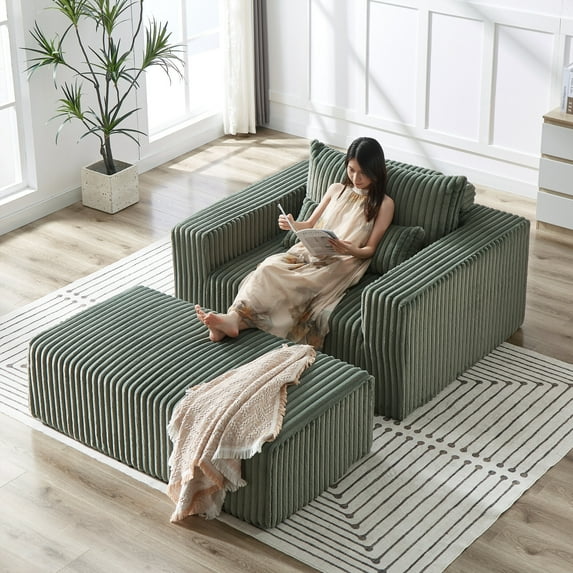 75-Inch Corduroy Sponge Chaise Lounge, Sofa Bed with Removable Footrest, Fluffy Modern Sleeper Chair for Indoor Living Room Bedroom, No Assembly, Army Green
