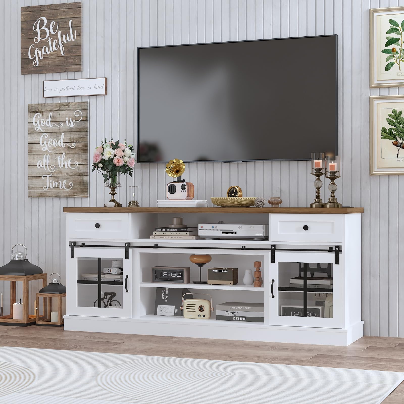 75-Inch Farmhouse Entertainment Center with Power Outlets, USB Ports & LED Lighting for Large Screens, Featuring 2 Drawers, Adjustable Shelves and Barn Doors, 66 Inch Wide, White+Brown Top
