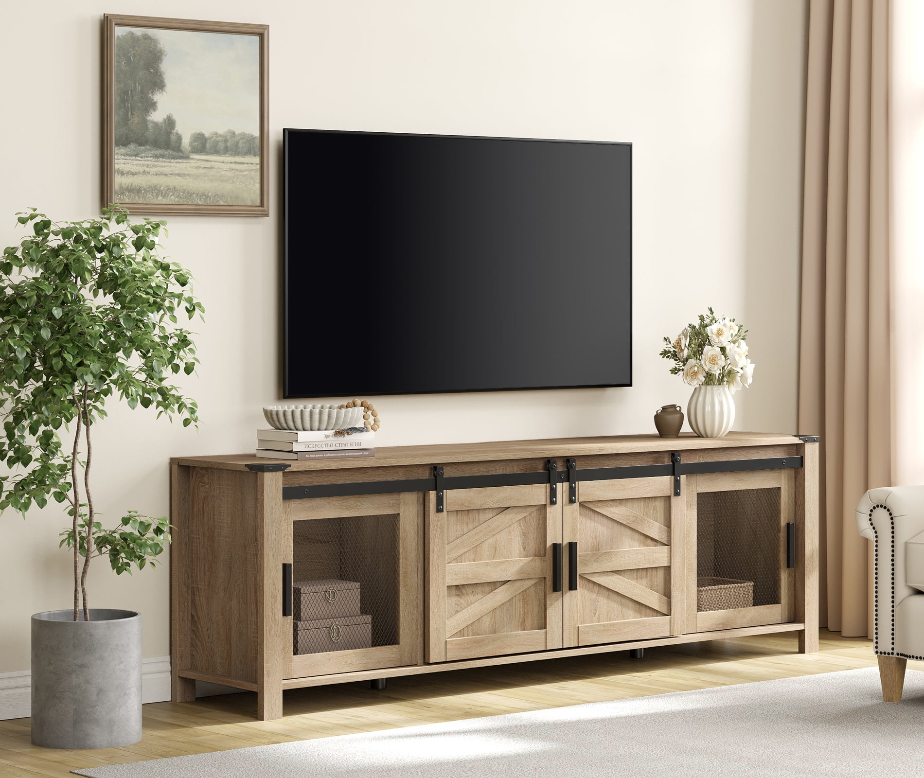 Wampat 75 Farmhouse Entertainment Center TV Stand with Media Storage Cabinet