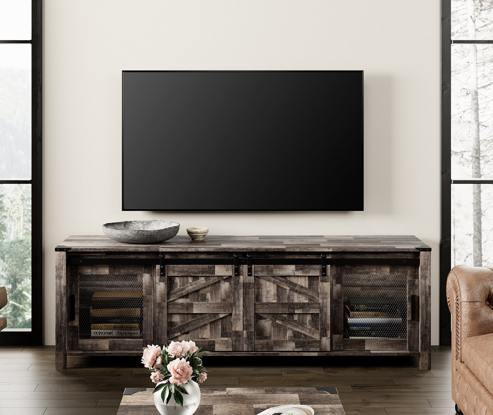 75 Inch Farmhouse TV Stand with Blue Light LED,Antique Black & Brown Entertainment Center Media Storage Cabinet