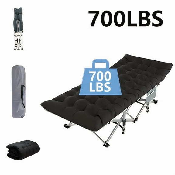 75 Inch Heavy Duty Folding Camping Bed with Carry Bag, Stainless Steel Frame, Portable Outdoor Sleeping Cot, Black Quilted Design for Camping & Gifts