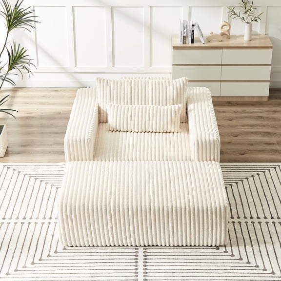 75-Inch Plush Corduroy Lounge Chair - Backrest and Cylindrical Pillow Comfort - Indoor Use - Removable Footrest without Assembly