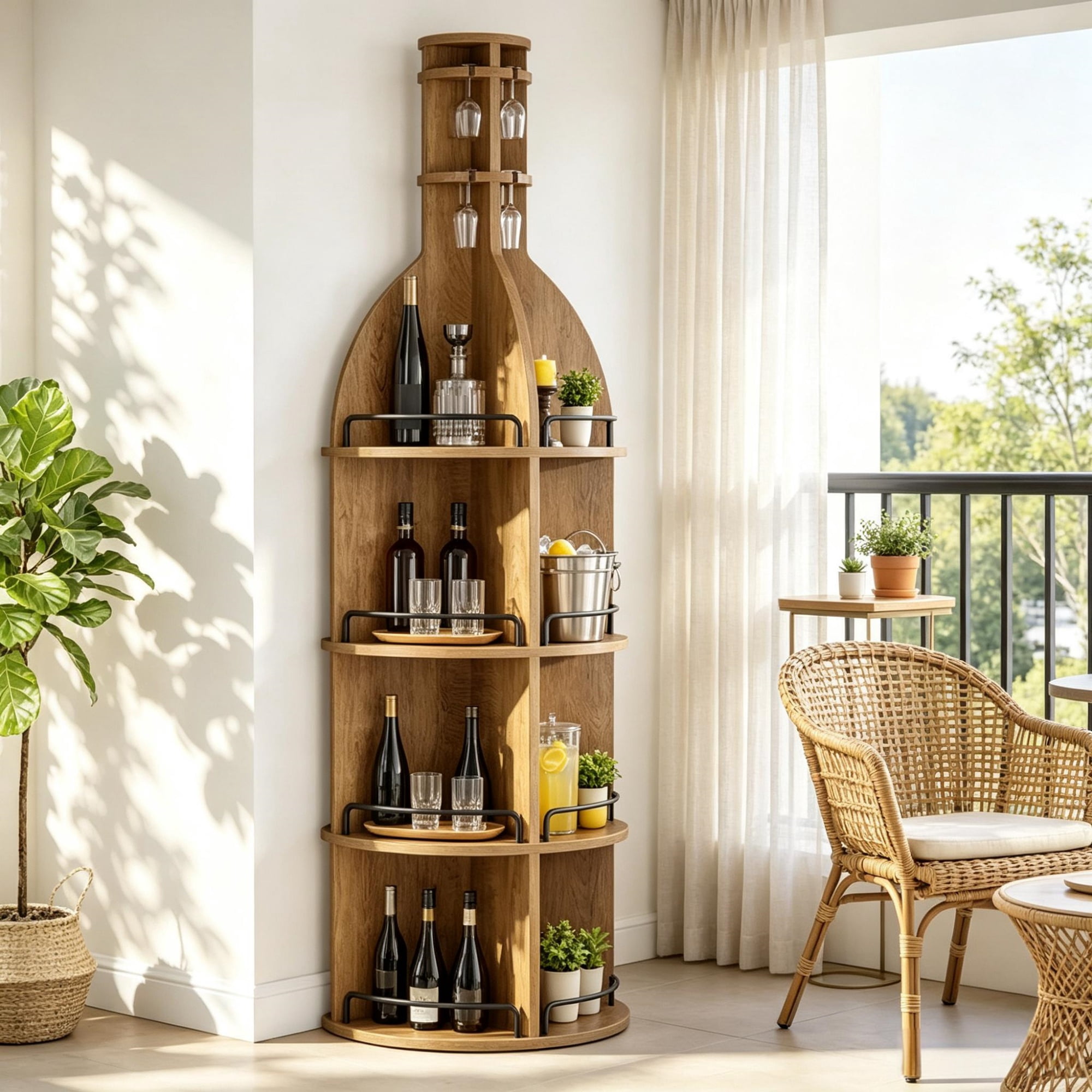 75 Inch Round Wine Cabinet with Shelves and Hanging Goblet Holder, Wine Rack (No Lights)