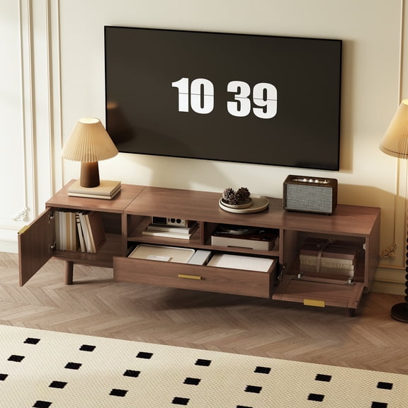 75 Inch TV Stand with Soft Closing Doors and Drop Down Cabinet, Dark Brown Solid Wood and MDF TV Console for Living Room, Bedroom