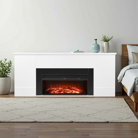 75 Inch White Freestanding Electric Fireplace with Mantel - 1500W Heater, Realistic Flame, Remote Control, Timer, Overheat Protection for Indoor Use in Living Room & Bedroom