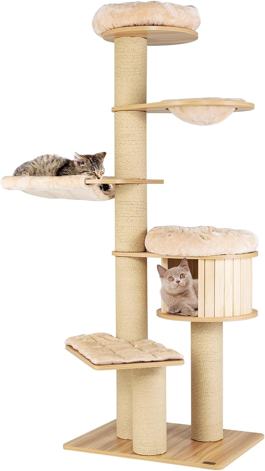 75 Inches Tall Cat Tree for Indoor Cats, Large Cat Tree Tower with Scratching Posts, Cat Condo, Hammock and Basket, Multi-Level Modern Cat Tree for Large Cats 20 lbs Heavy Duty