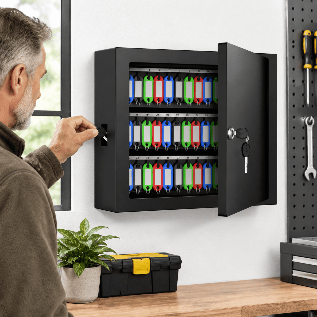 Key Group Lock Box 75 Key Hook Black Wall Mount Key Lock Box with Colored Tags and ...
