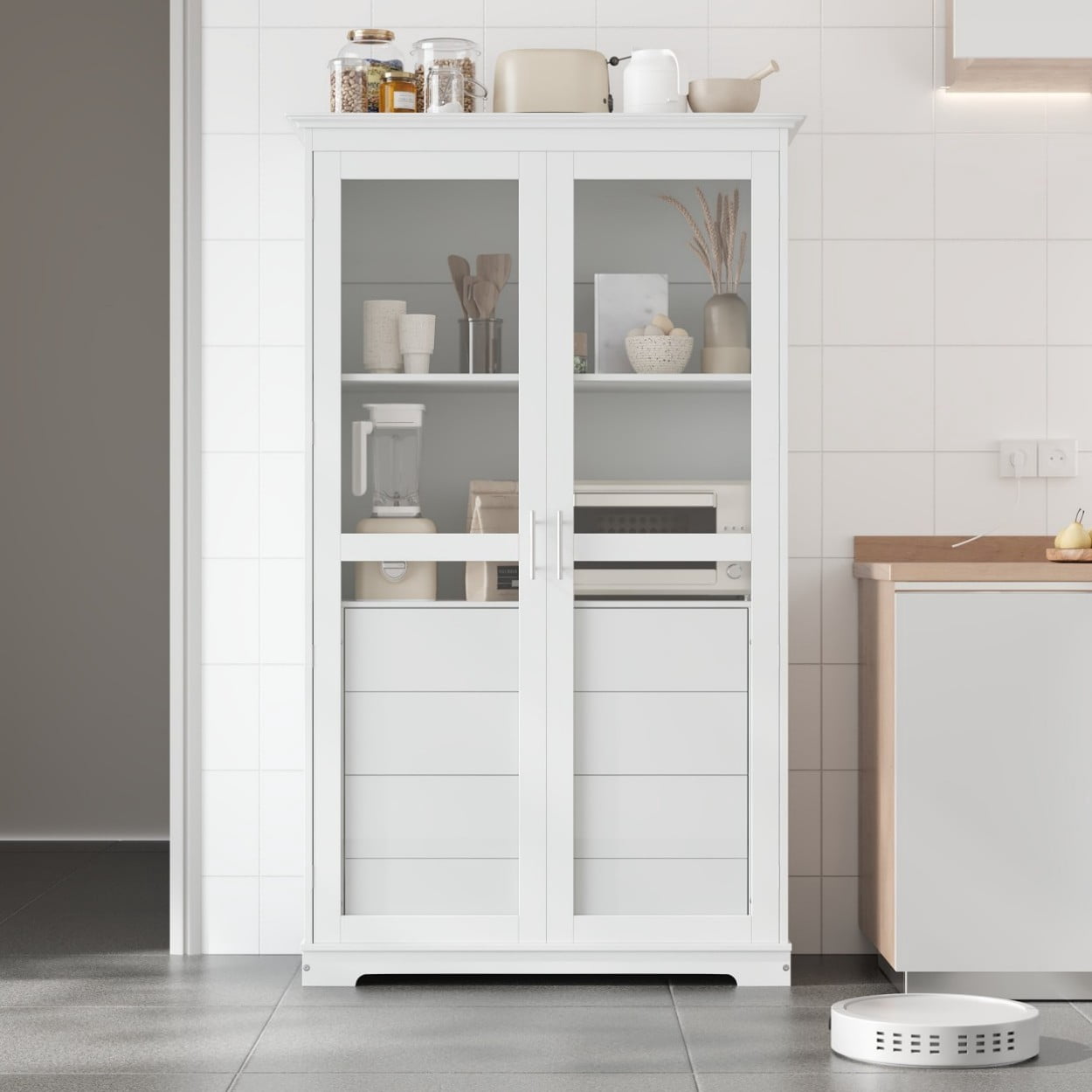 75" Kitchen Pantry Cabinet with Glass Doors, 4 Drawers & Storage Shelf, Large Freestanding Pine Wood Cabinet Organizer for Kitchen Dining Room Living Room Home Office, White
