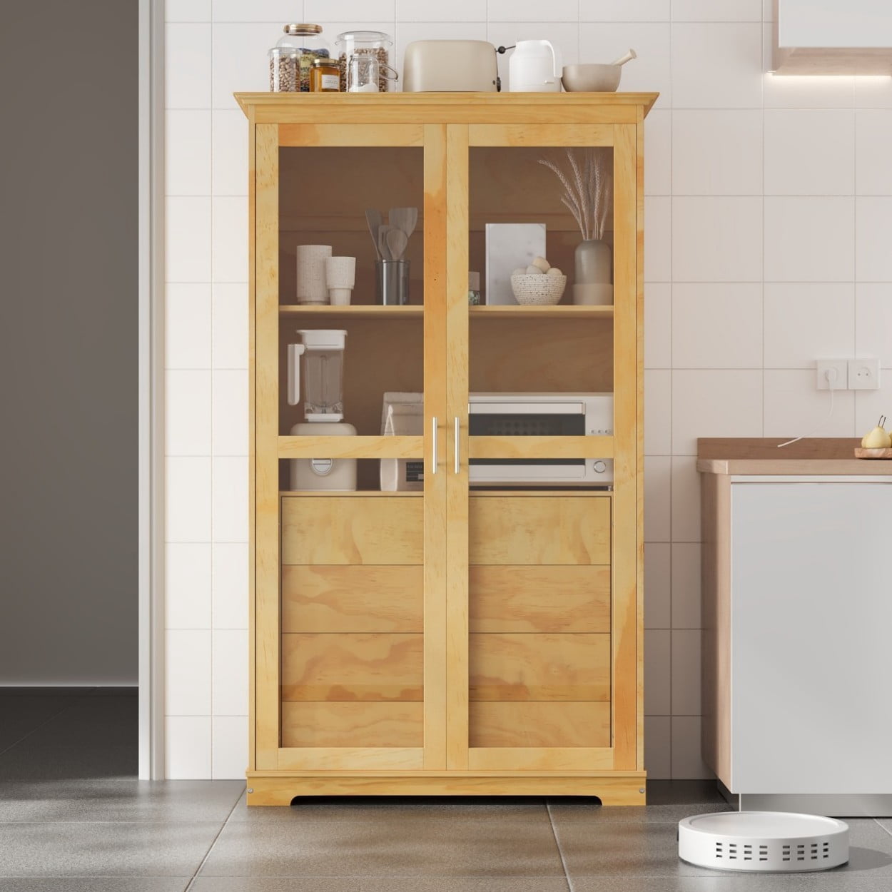 75" Kitchen Pantry Cabinet with Glass Doors, 4 Drawers & Storage Shelf, Large Freestanding Pine Wood Cabinet Organizer for Kitchen Dining Room Living Room Home Office, Natural