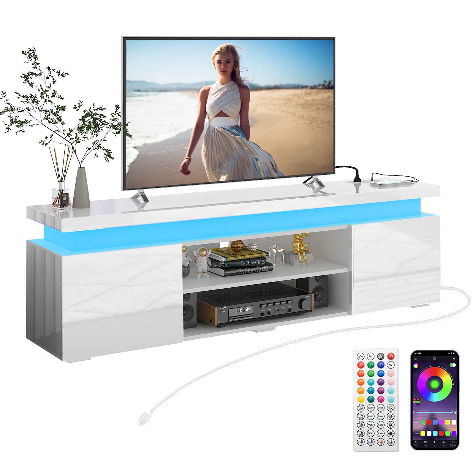 75" LED TV Stand with Power Outlet for up 85" TVs, Modern Large Entertainment Center TV Console Table with Wide Open Shelf