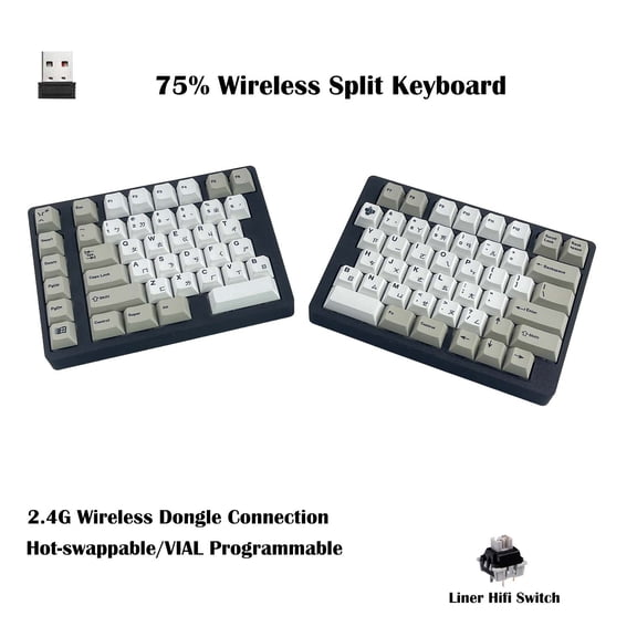 75% Layout Split Ergonomic Mechanical Keyboard | PETG Case, 2.4G Wireless Dongle Connection, Hot Swappable, VIAL Programmable