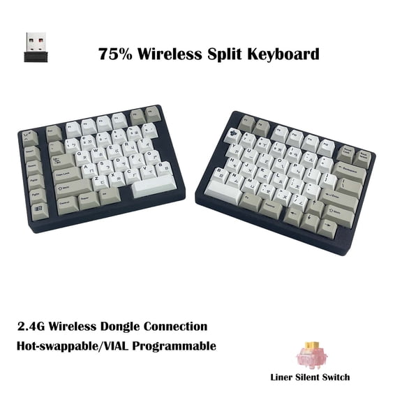 75% Layout Split Ergonomic Mechanical Keyboard | PETG Case, 2.4G Wireless Dongle Connection, Hot Swappable, VIAL Programmable