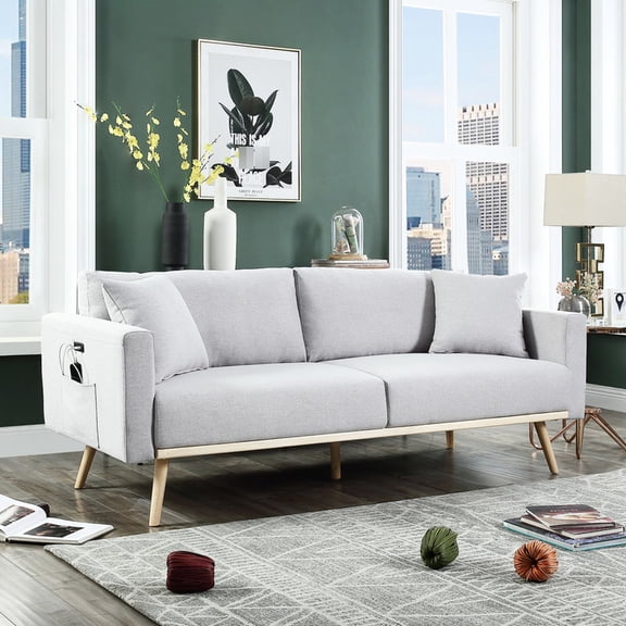 75" Light Gray Linen - USB Charging & Magazine Pockets - Living Room - Comfortable Seating with Pillows