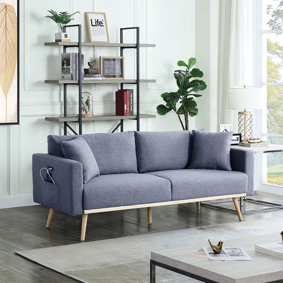 75" Linen Sofa in Dark Gray / Charge Function & Comfortable Seat / Reading Area