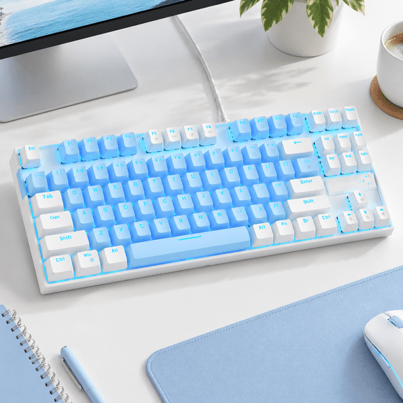 75% Mechanical Gaming Blue Ledlit 87 Keyspact Tkl Wireds For Windows Laptop Pc Gamer - Blue/white