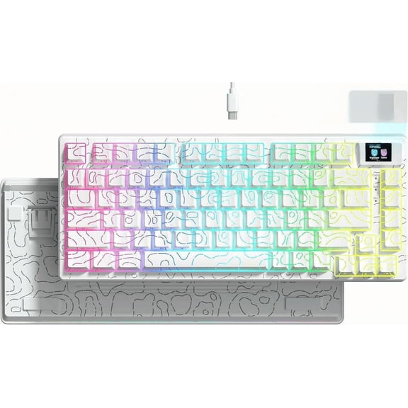 75% Mechanical Keyboard with Color Multimedia Display Hot Swappable Gasket Mount RGB Creamy Keycaps Pre-lubed POM Switches for Mac Windows White Topographic