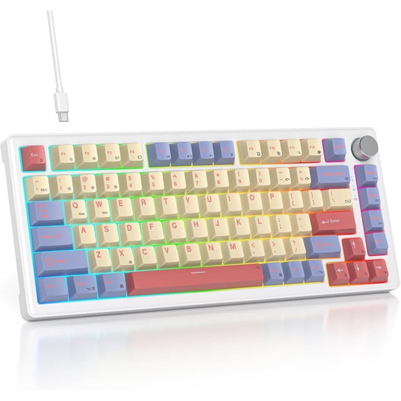 75% Mechanical Keyboard Gasket with Knob, Custom Wired Creamy Gaming Keyboard TKL 75 Percent Hot Swappable Backlit, Pre-lubed for Win/ PC Laptop( Candy/White )