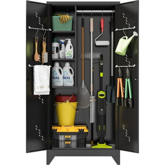 75“ Metal Garage Storage Cabinet, Cleaning Tool Storage Cabinet, Multifunctional Garage Storage Broom Closet with Doors, Hanging Rod (Black, Door-2)
