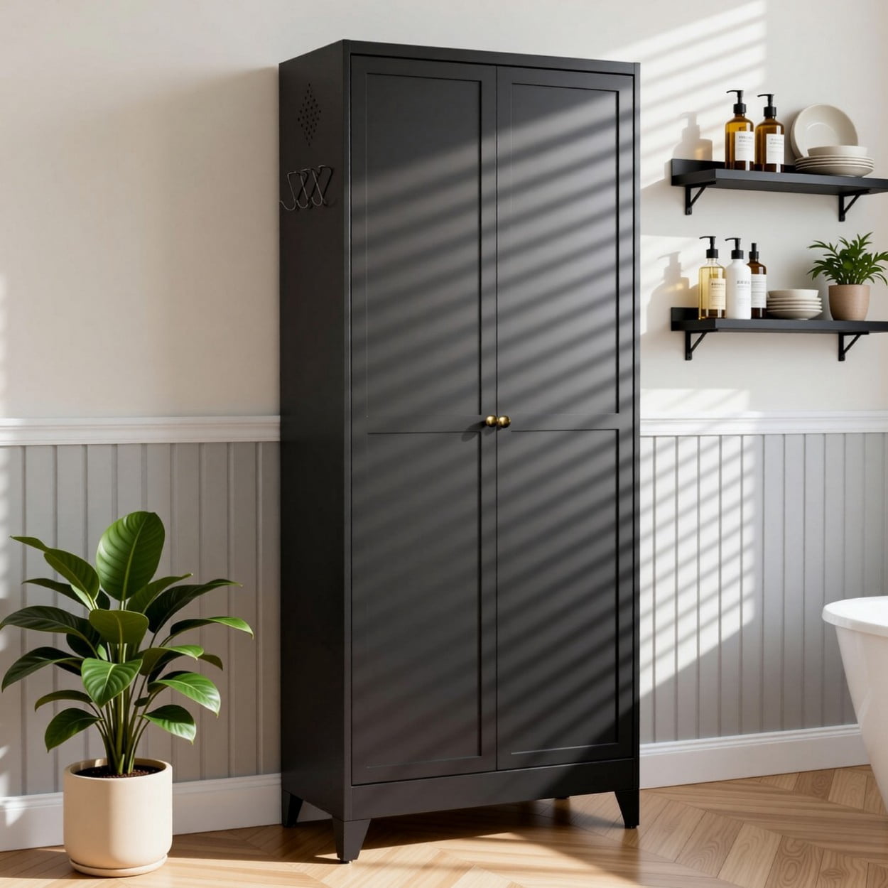 75" Metal Kitchen Pantry Cabinet with Doors, Heavy Duty Freestanding Storage Organizer, 5 Adjustable Shelves, 180 LBS Capacity Steel Cabinet for Kitchen Dining Room Pantry, Black