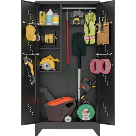 75" Metal Storage Cabinet, Tool Cabinet with Hooks, Garage Storage Cabinet with Lock, Heavy-Duty Tool Storage Cabinet for Utility Room, Gym, Basement, Broom Closet Cabinet, Black
