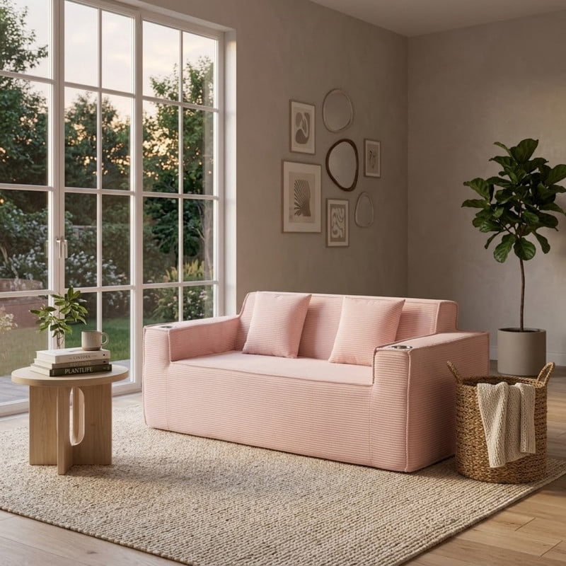 75'' Modern Boneless Loveseat Sofa Couch with 2 Cup Holders & 2 Pillows for Living Room, Corduroy Love Seat Couches with Deep Seat