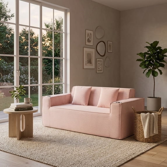 75'' Modern Boneless Loveseat Sofa Couch with 2 Cup Holders &amp; 2 Pillows ...