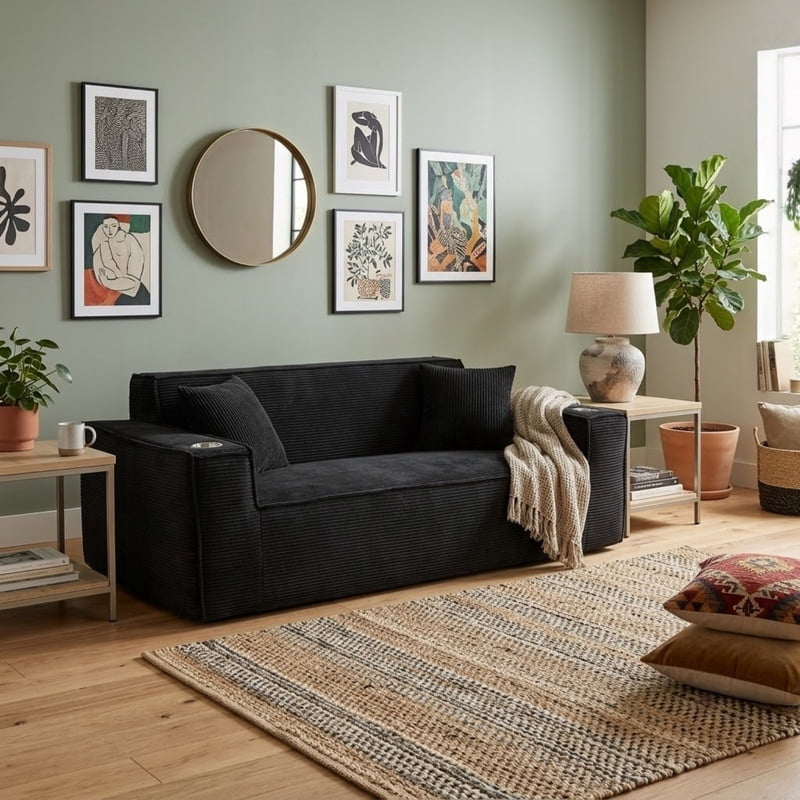 75'' Modern Boneless Loveseat Sofa Couch with 2 Cup Holders & 2 Pillows for Living Room, Corduroy Love Seat Couches with Deep Seat