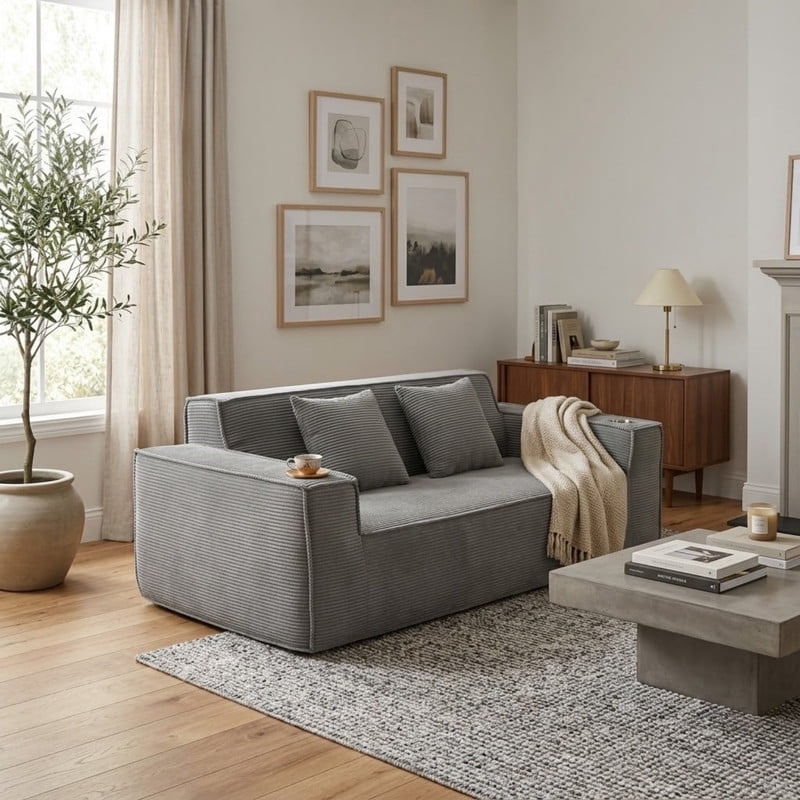 75'' Modern Boneless Loveseat Sofa Couch with 2 Cup Holders & 2 Pillows for Living Room, Corduroy Love Seat Couches with Deep Seat