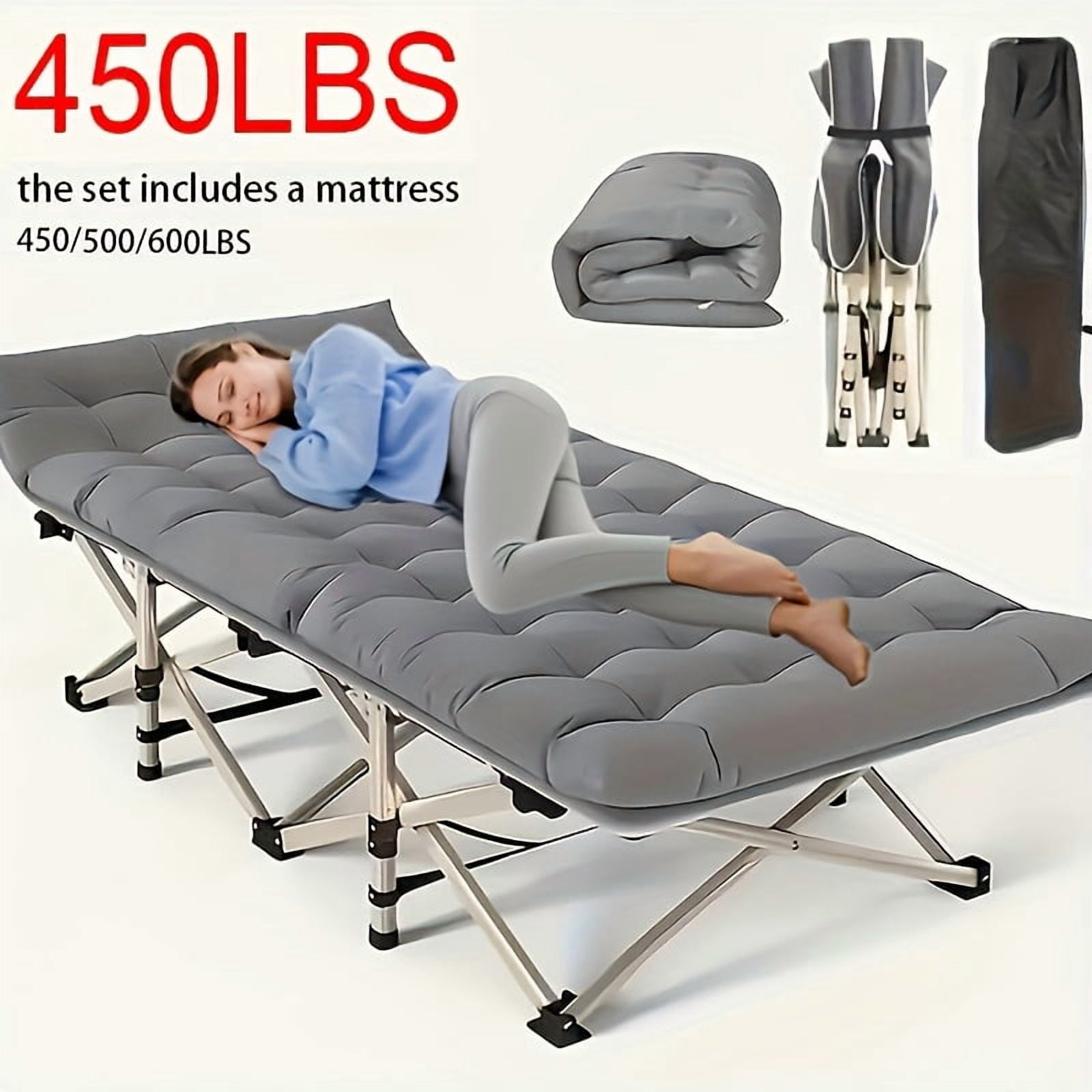 75" Outdoor Folding Bed with Flip Mattress, Portable Heavy-Duty Guest Bed for Camping & Travel, 600Lbs Capacity, Includes Carry Bag, Gray/Grayblue
