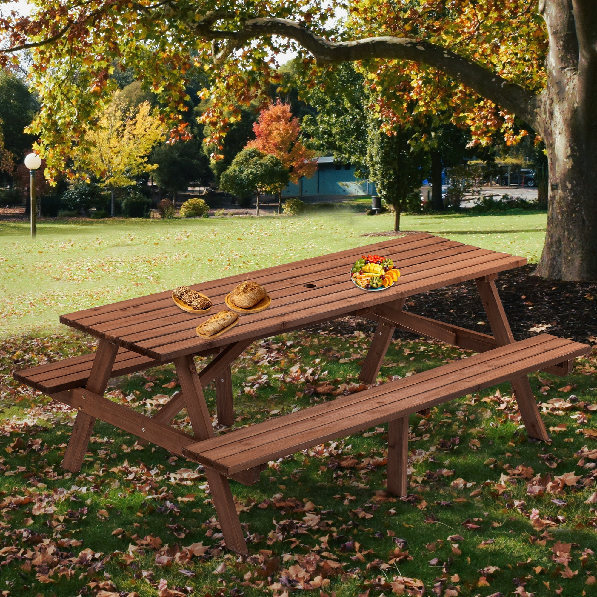 75" Outdoor Wood Picnic Table With 2 Built-in Benches, Rectangular ...