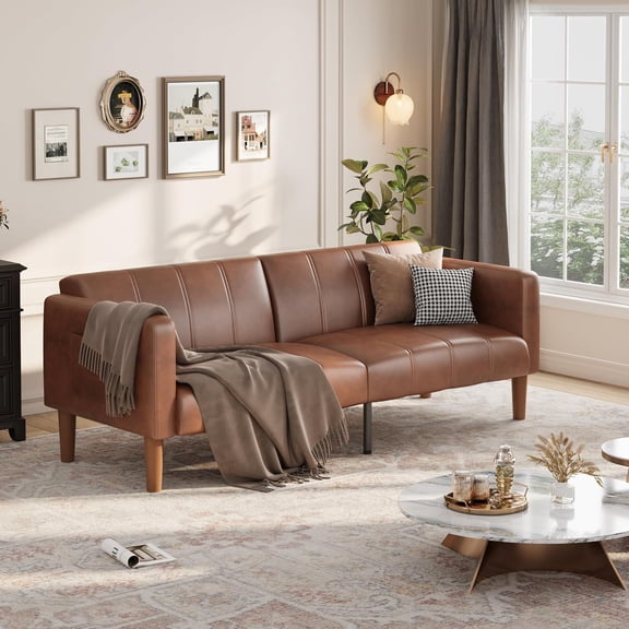 75" PU Leather Futon Sofa Bed,Convertible Loveseat, Adjustable Backrest, Side Pockets, Space-Saving Sleeper Sofa for Small Spaces, Brown