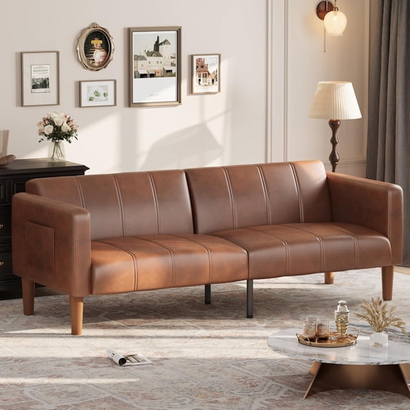 75" PU Leather Futon Sofa Bed,Convertible Loveseat, Adjustable Backrest, Side Pockets, Space-Saving Sleeper Sofa for Small Spaces, Brown