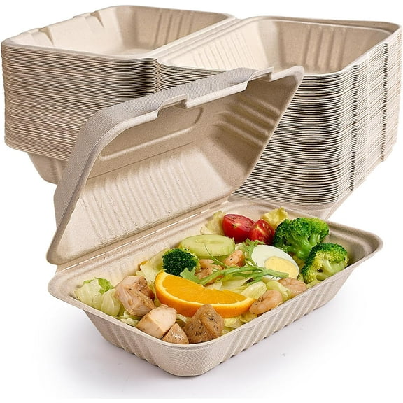 75 Pack Compostable Clamshell Food Containers, 9x6 Inch Heavy-Duty Disposable To Go Boxes, Eco-Friendly Biodegradable Takeout Boxes for Meal Prep, Catering, and Food Storage