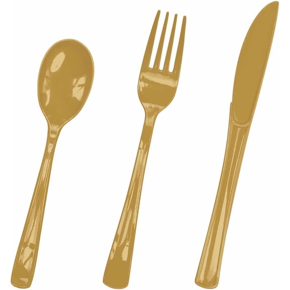 75 Pack Gold Plastic Cutlery Heavy Duty Gold Plastic Knives Forks and Spoons Disposable Silverware Set for 25 Guest Camping Birthday Baby Shower Party Cutlery Set