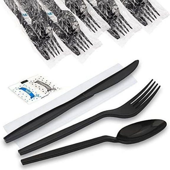 [75 Pack] Individually Wrapped Utensils - Prepackaged Black Plastic Cutlery Set with Disposable Spoon, Fork, Knife, Napkin, Salt and Pepper Packets - Prewrapped to Go Silverware Utensil Packs