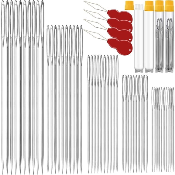 75 Pack Large Eye Embroidery Needles Hand Sewing Sharp, 5Size Big Eye Sewing Needles with 4 Threader in Aluminum Storage Tube
