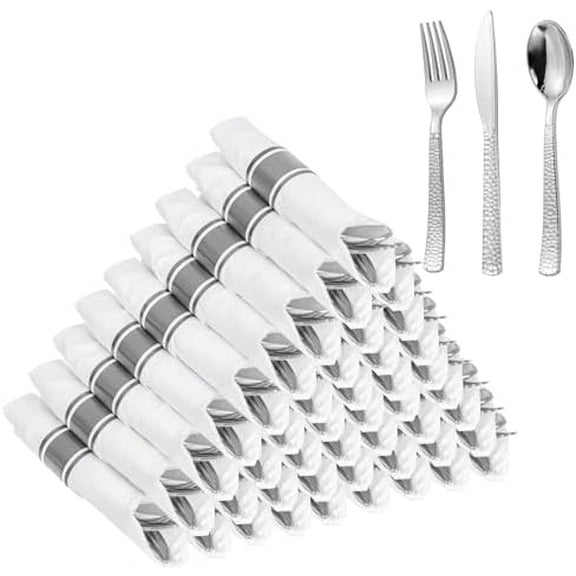 75 Pack Silver Plastic Silverware,Pre Rolled Silverware Set Disposable,Disposable Cutlery Includes: 75 Forks, 75 Knives, 75 Spoons, 75 Napkins,Plastic Utensils for Party and Wedding