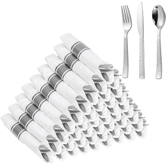 75 Pack Silver Plastic Silverware,Pre Rolled Silverware Set Disposable,Disposable Cutlery Includes: 75 Forks, 75 Knives, 75 Spoons, 75 Napkins,Plastic Utensils for Party and Wedding