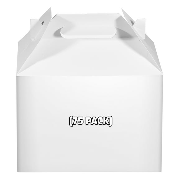 [75 Pack] White Treat Gift Boxes - Paper Gable Boxes, Paper Lunch Boxes with Handle, Barn Boxes - Birthday's, Weddings, Baby Shower Favor Box, Restaurant to go Box - 9 x 5 x 6.75 inches