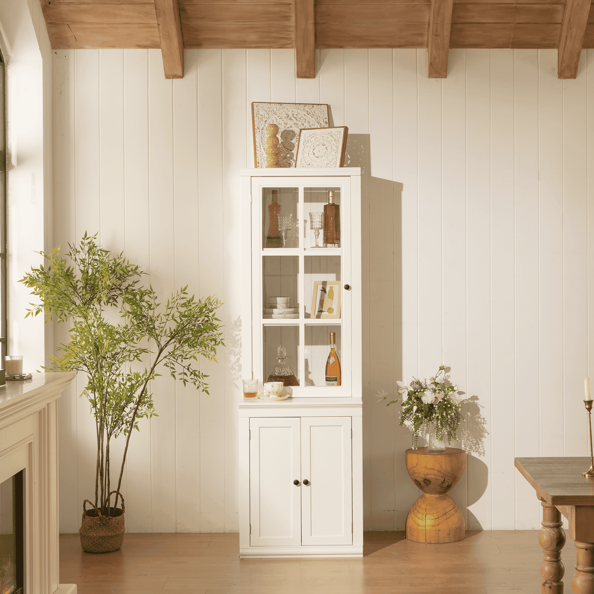 75" Tall Pantry Cabinet, Modern Kitchen Hutch with Glass Door, Adjustable Shelves, Countertop, Wood Buffet Cabinet, Cupboard for Living Room, Hallway