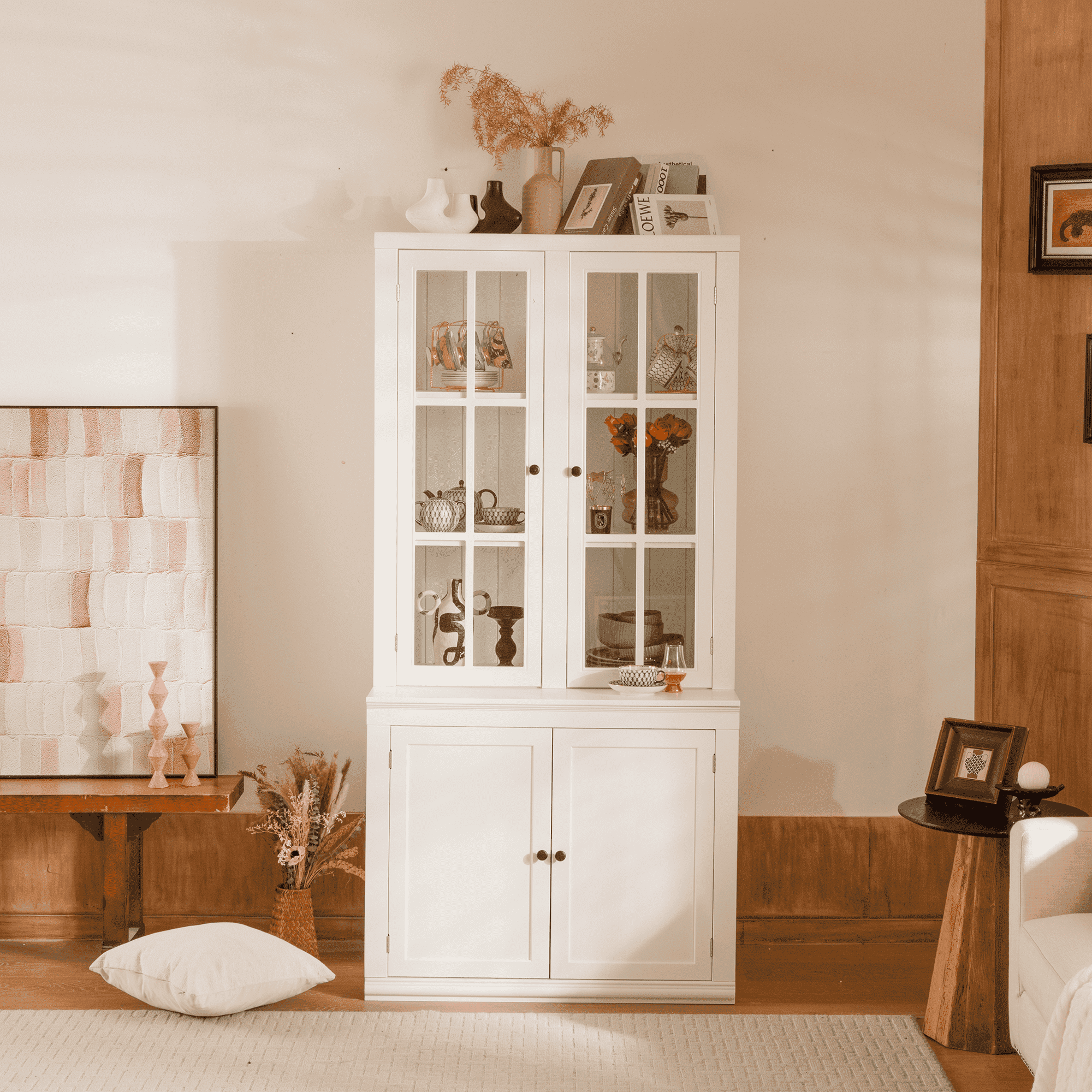 75" Tall Pantry Cabinet, Modern Kitchen Hutch with 4 Doors, Adjustable Shelves, Countertop, Wood Display Cabinet, Cupboard for Living Room, Hallway