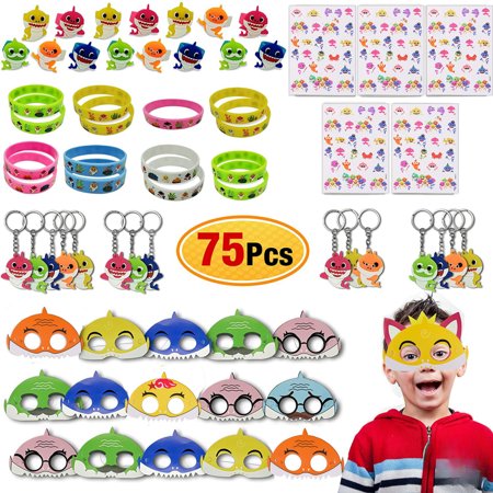 75 Pc Baby Shark Party Favors | 15 Set Baby Sahrk Masks Keychain Wristband Treat Bags for Kids Birthday Classroom Reward Gifts